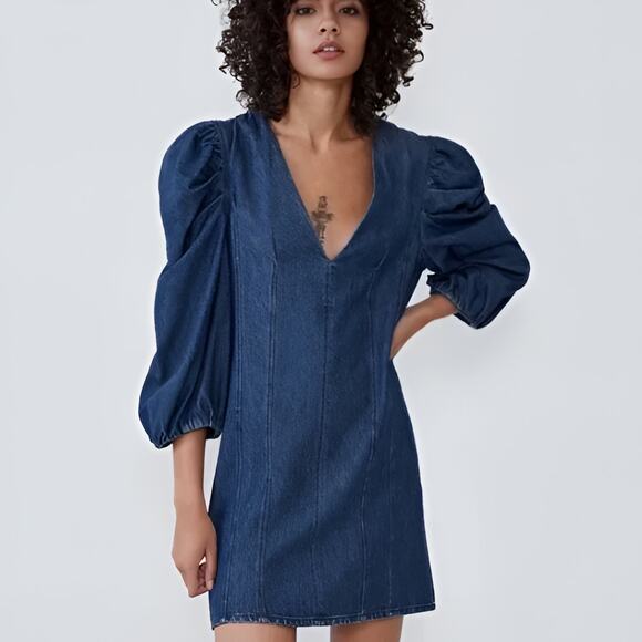 Zara Womens Casual Chic 70s V-Neck Puff Statement Sleeve Denim Dress Size XS - Picture 2 of 10